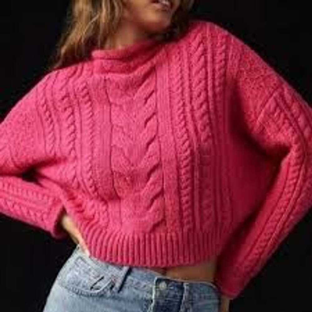 Anthropologie Pilcro Mock Neck Cable Knit Sweaterater Sz LG Pink